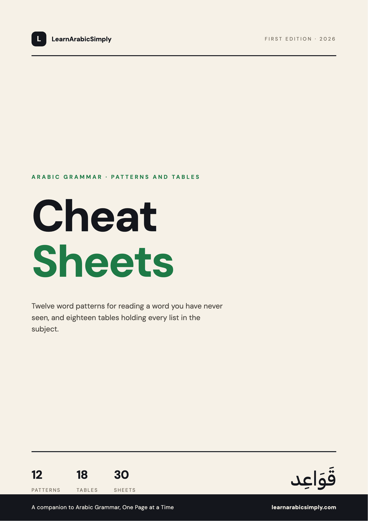 Arabic Grammar Cheat Sheets — 12 word patterns and 18 tables