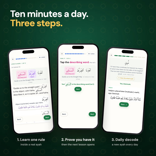 Ten minutes a day in three steps: learn one rule, prove you have it, daily decode